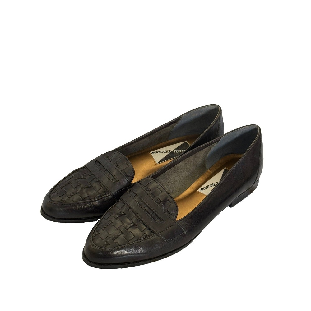 90's Mootsies Tootsies Black Leather Loafers Women's Size 9M Basketweave Slip On